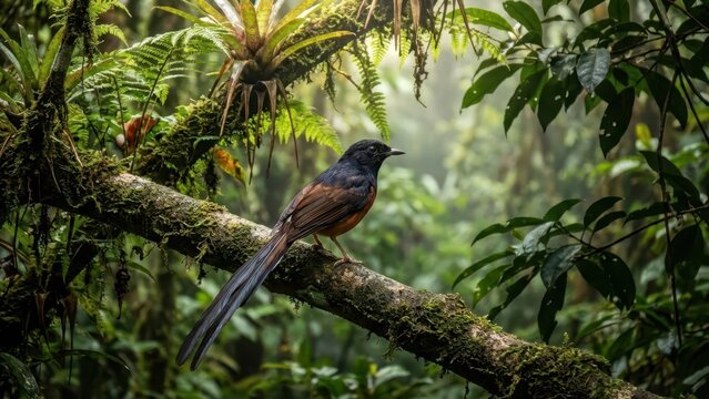 Vibrant Murai Batu Bird Perched Gracefully on a Mossy Branch in a Lush Tropical Rainforest.