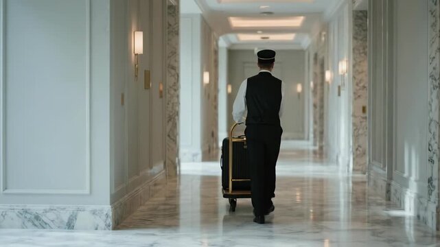 A bellhop walking through an elegant hotel corridor with luggage.