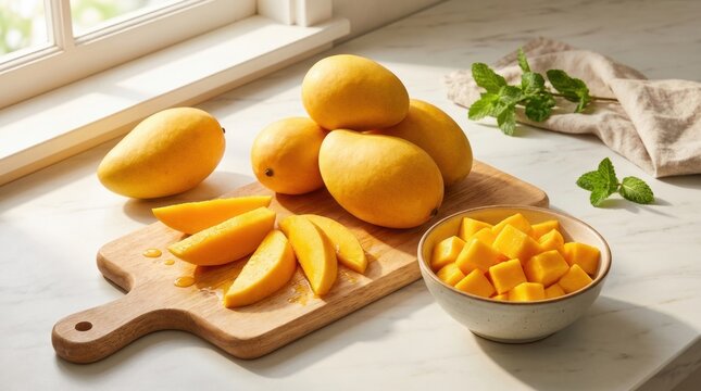 Bright Yellow Mangoes Some Whole img 1770675847986 715 on a Wooden Board and in a Bowl