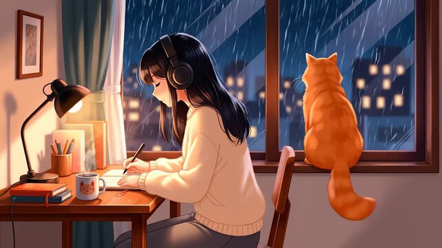 Anime girl in white Sweater writing notes at Desk with Orange Cat and Raining outside Window