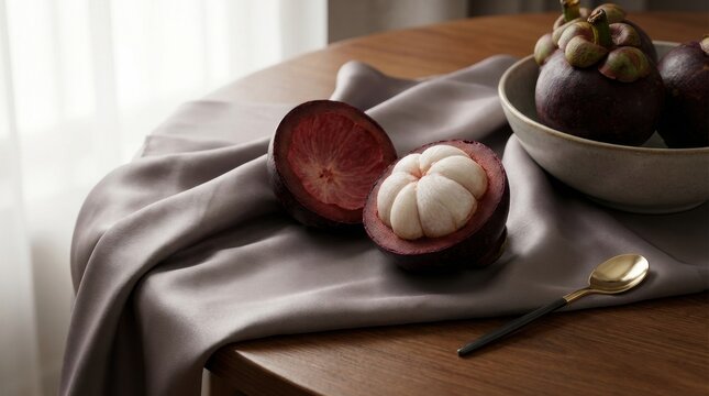Deep Purple Mangosteen Fruit, Its Thick Skin Revealed on Wooden Table with Soft Fabric, img 1770668122546