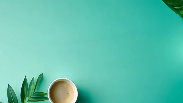 Overhead view of coffee, leaves, and a teal background