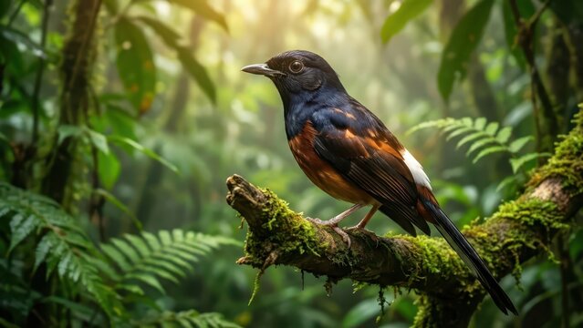Vibrant Murai Batu bird perched on mossy branch in sun-dappled rainforest