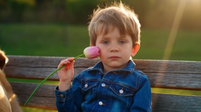 A boy with freckles on a park bench holds a tulip to his cheek while looking thoughtfully at the camera with his golden retriever at his feet in golden hour light, concept of gentle reflection and spr