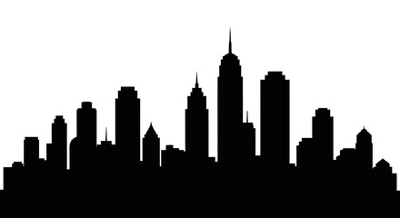 Clean City Skyline Silhouette with Diverse Buildings, Urban Panorama on Isolated White Background © Mk
