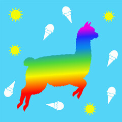 Obraz premium Rainbow llama silhouette jumping with sun and ice cream cones on blue background