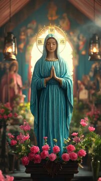 Blessed Virgin Mary statue, deep spiritual devotion, adorned with vibrant pink roses, serene chapel setting, sacred place of prayer and contemplation, faith and grace