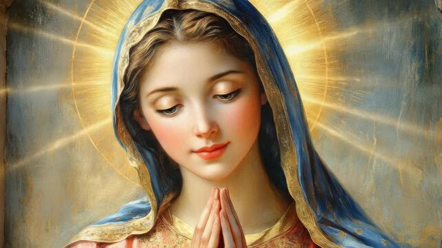 Mary, a revered mother figure, offering devout prayer, surrounded by ethereal divine light, emanating grace, profound tranquility, and deep spiritual faith