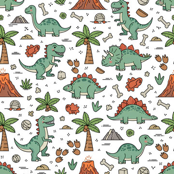 Dinosaur Pattern Seamless Vector Design with Prehistoric Creatures and Tropical Plants.