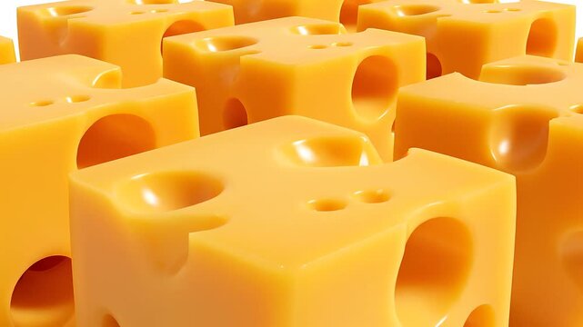 Swiss cheese cubes on white background.
