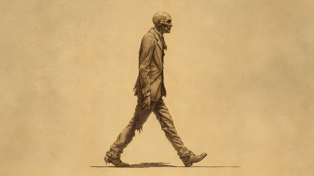 A solitary zombie walks across a desolate, sepia-toned landscape.