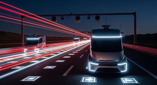 Futuristic Self Driving Truck on High Tech Highway at Night with Light Trails