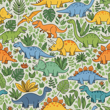 Dinosaur Pattern with Tropical Leaves A Prehistoric Paradise.