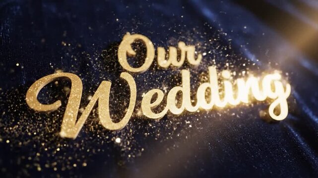 Our Wedding Gold Glitter Title Card Animation, Shiny Typography on Dark Blue Velvet
