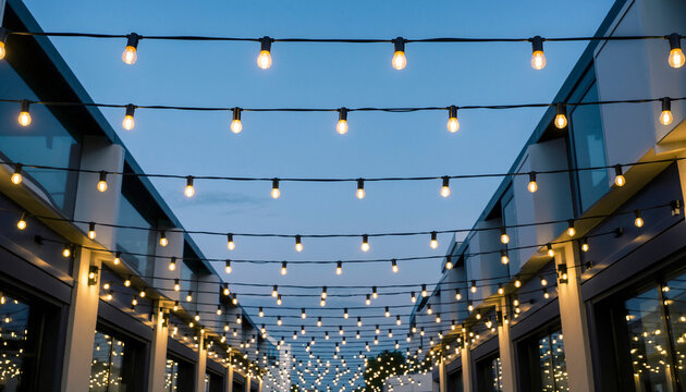 Rows of decorative festoon string lights with warm glowing bulbs hanging between modern buildings over an outdoor terrace during blue hour evening light.