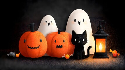 Obraz premium Cute Halloween Decorations Featuring Ghosts Pumpkins Black Cat and Lantern.