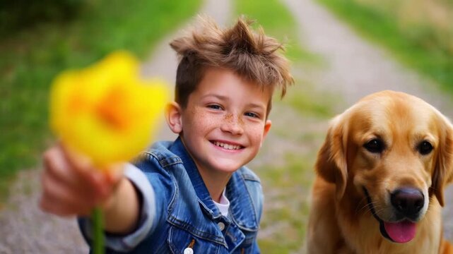 A boy with freckles in a denim jacket kneels offering a yellow tulip towards the camera with his golden retriever beside him on a gravel path in soft light, concept of friendly offering and direct aud