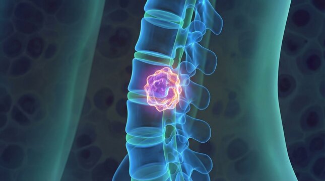 Microscopic view of a spinal tumor illustration of abnormal cell growth within the vertebrae