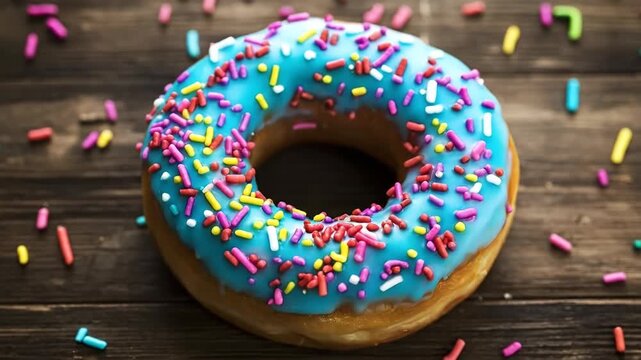 A colorful donut with blue frosting and sprinkles on a wooden table.