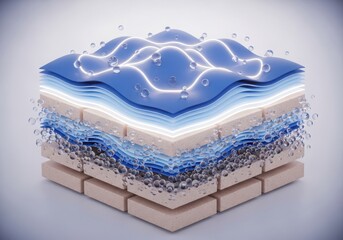 Fototapeta premium Abstract 3D layers of blue water-like substance with bubbles and particles