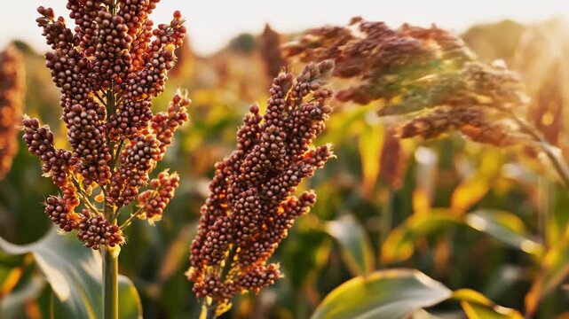 Golden Sorghum Field at Sunset: Ripe Grains Swaying in the Warm Breeze