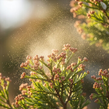 Japanese cypress pollen dispersing into the air in spring sunlight