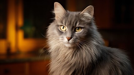 Obraz premium Majestic Fluffy Gray Cat with Intense Yellow Eyes Gazing Forward.