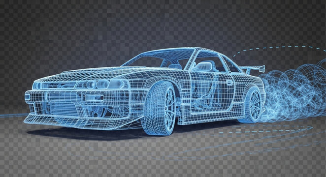 Blue Wireframe Car Design Model.