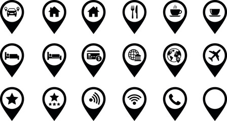 Black map pin icon collection for travel, accommodation, food, transport, connectivity and communication navigation markers © PUTUL