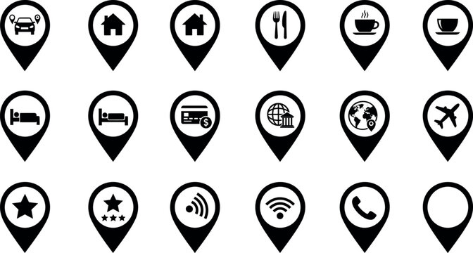 Black map pin icon collection for travel, accommodation, food, transport, connectivity and communication navigation markers
