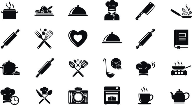Black minimalist kitchen, cooking and restaurant icon set featuring pots, chef hats, rolling pins, knives, oven, utensils and coffee