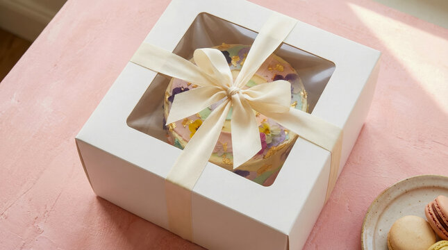 Plain white bakery cake box mockup with window and ribbon