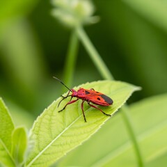 Vibrant red and black insect perched on a green leaf in a lush garden setting.