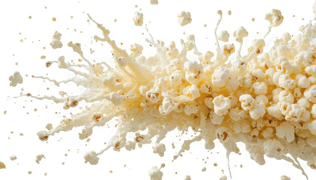 Dynamic high speed capture of buttered popcorn exploding outward in a dramatic white splash against a dark void on transparent background