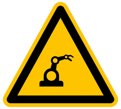 Se&ntilde;al de advertencia de brazo rob&oacute;tico industrial amarillo y negro ilustraci&oacute;n vectorial de peligro en f&aacute;brica automatizada