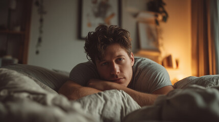Obraz premium A man is laying on a bed with his head on his hand