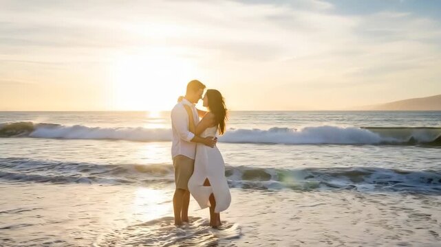 Couple embracing on a beach at sunset with ocean waves and mountain horizon