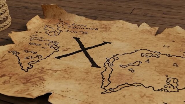 Antique treasure map laid on a wooden surface, evoking adventure.
