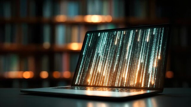 A glowing laptop screen displaying cascading binary code.