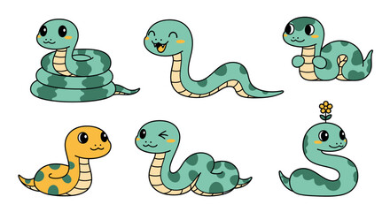 Set of Five Cute Snake Cartoon Characters, Playful Reptile Mascots in Minimal Modern Style, Bright Cheerful Color Vector Illustration Isolated on White Background