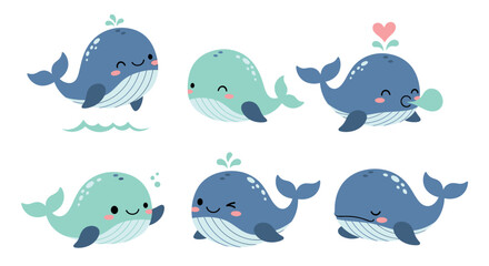 Set of Six Cute Dolphin Cartoon Characters, Adorable Sea Animal Mascots with Cheerful Expressions and Different Poses, Kawaii Style Flat Vector Illustration Isolated on White