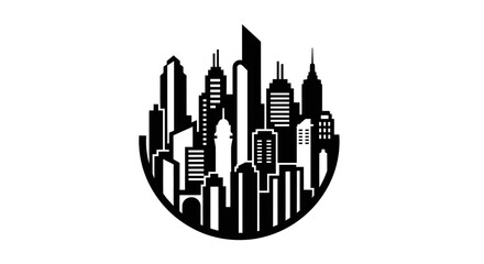 Fototapeta premium Circular Modern City Skyline Silhouette with Buildings on Isolated White Background