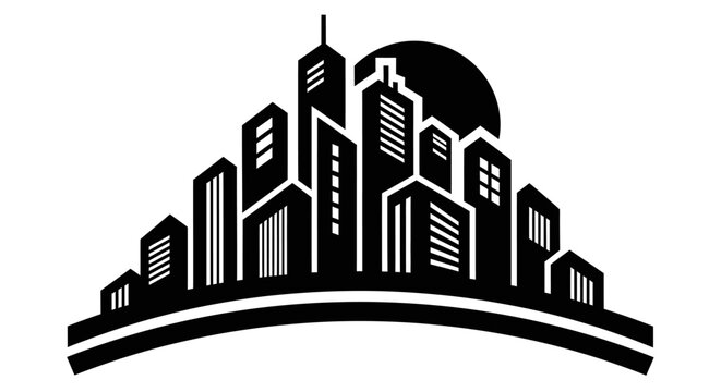 Curved Modern City Skyline Silhouette with Moon or Sun Disc on Isolated White Background