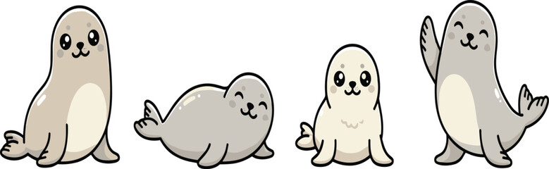 Naklejka premium Cute Seal Vector Illustration Set with Adorable Cartoon Harbor Seals Including Waving Seal Pups and Sitting Sea Lion Characters