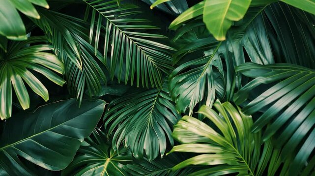 Lush green tropical foliage fills frame. Various leaves of different shapes and sizes overlap