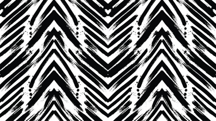 Obraz premium Black and white chevron pattern with brush strokes and dots on white background