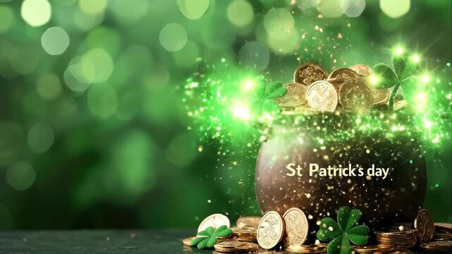 St. Patrick's Day festivity with glowing treasure cauldron, sparkling coins, and verdant shamrocks upon a mystical green setting.