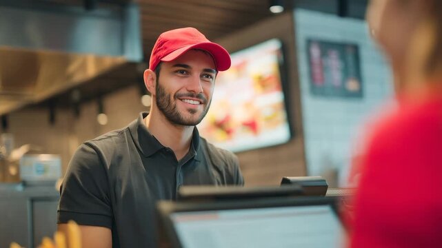 Fast food restaurant cashier taking orders