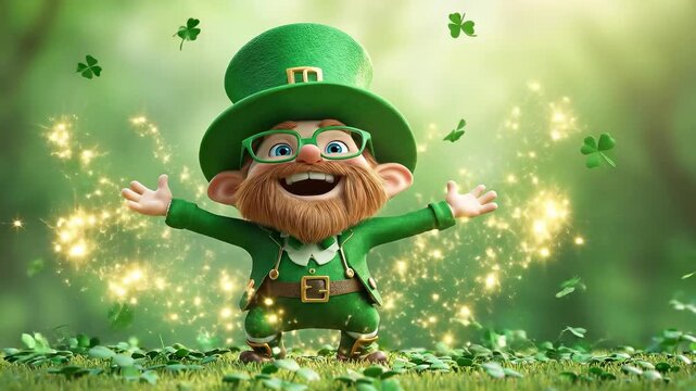 Smiling green imp celebrates St Patrick's Day. Cheerful creature with a tall hat and beard brings good fortune, surrounded by sparkling shamrocks in a vibrant outdoor meadow.