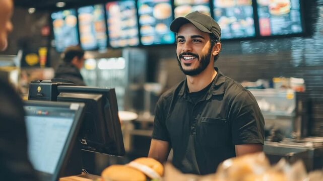 Fast food restaurant cashier taking orders